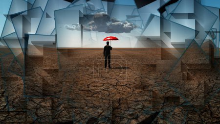 Téléchargez les photos : Homme dans le désert avec parapluie, illustration abstraite conceptuelle - en image libre de droit