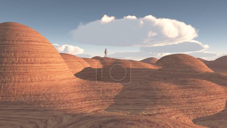 Téléchargez les photos : L'homme se tient dans le désert rocheux, illustration abstraite conceptuelle - en image libre de droit