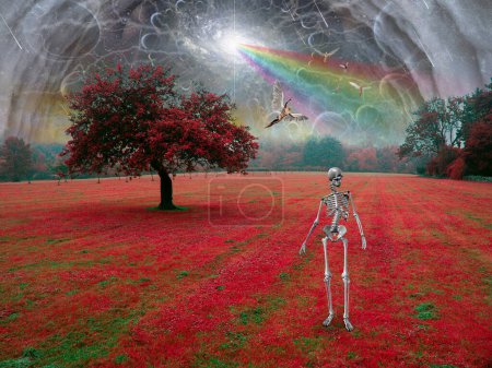 Téléchargez les photos : Squelette dans un paysage surréaliste, illustration conceptuelle abstraite - en image libre de droit