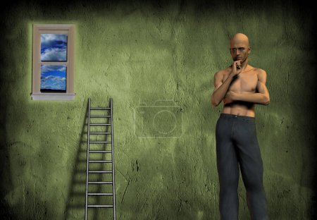Photo for Green room with ladder and man - Royalty Free Image