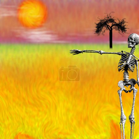 Téléchargez les photos : Squelette et coucher du soleil, illustration abstraite conceptuelle - en image libre de droit