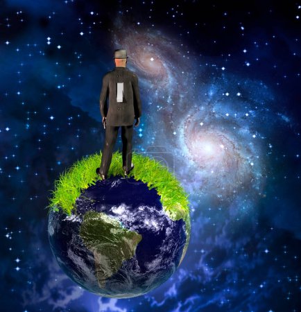 Foto de El hombre con interruptor se para en el planeta, ilustración abstracta conceptual - Imagen libre de derechos