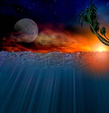 Téléchargez les photos : Pleine lune au-dessus des eaux tropicales, illustration abstraite conceptuelle - en image libre de droit