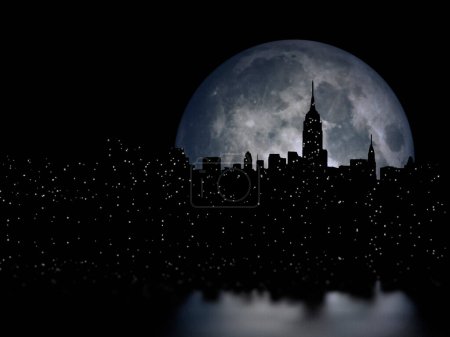 Foto de Cielo nocturno con luna, grandes edificios de la ciudad en la oscuridad - Imagen libre de derechos