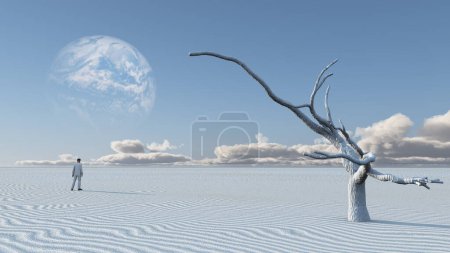 Téléchargez les photos : Homme dans le désert avec un arbre nu - en image libre de droit
