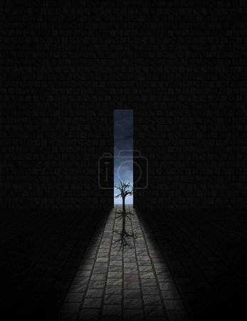 Foto de Árbol seco en el extremo del túnel negro - Imagen libre de derechos