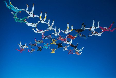 Téléchargez les photos : Vue à angle bas des parachutistes tenant la main et volant dans l'air, ciel bleu clair - en image libre de droit