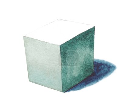 Téléchargez les photos : Cube, formes géométriques de base avec lumière dramatique et ombre dans le style aquarelle. Solides isolés sur un fond blanc. Sentier de coupe - en image libre de droit