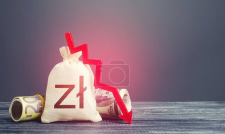 Photo for Polish zloty money bag and red down arrow. Economic difficulties fall. Stagnation, recession, declining business activity, falling wealth. Capital flow, high risks. Crisis, loss money savings. - Royalty Free Image