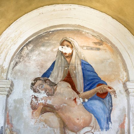 Foto de Muerte de Cristo dibujando en la pared sobre fondo - Imagen libre de derechos