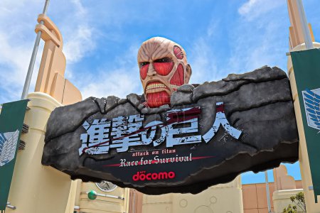 Foto de "OSAKA, JAPÓN - 17 de junio de 2020: Ataque a Titán / Carrera por la Supervivencia Signo XR Ride en Universal Studios Japón en Osaka, Japón Atracción limitada de temporada." - Imagen libre de derechos