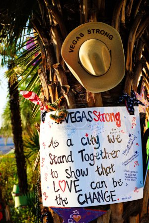 Photo for Las Vegas, NV, USA - Oct 07, 2017: Memorial Message of the Las Vegas gun shooting victims on the Las Vegas Strip Near the Mandalay Bay. In memory of the 58 victims from the 1 October, 2017 shooting. - Royalty Free Image