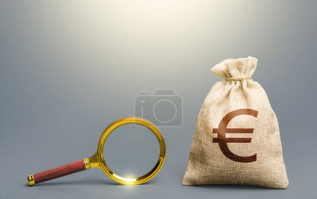 Photo for Euro money bag and magnifying glass. Financial audit. Origin of capital and legality of funds. Find high-paying job. Most favorable conditions for deposits, loans. Search and attraction of financing. - Royalty Free Image