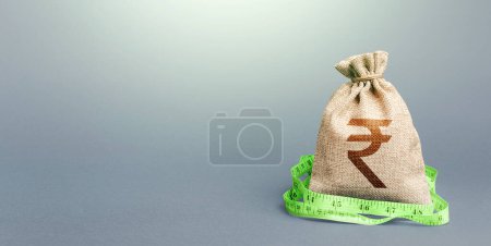 Photo for Indian rupee money bag and measuring tape meter. Analysis of economic situation. Formation and optimization of the budget, savings. Declaration of income, illegal enrichment. Assessment of capital. - Royalty Free Image