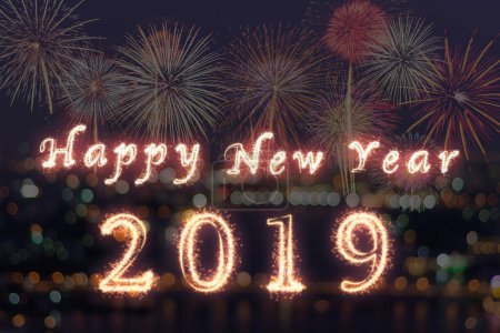 Photo for Happy new year 2019 written with Sparkle firework on fireworks - Royalty Free Image