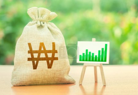 Photo for "South korean won money bag and easel with green positive growth graph. Economic development. Deposits profitability. Recovery and growth economy, good investment attractiveness." - Royalty Free Image