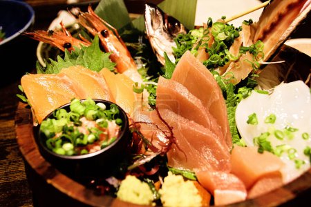 Photo for Correct authentic sashimi dish plate. Tasty Japanese seafood concept - Royalty Free Image