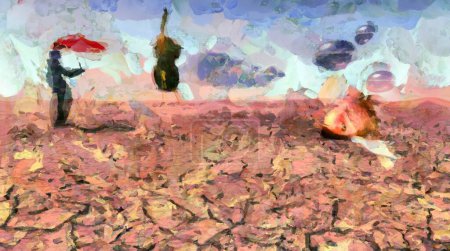 Téléchargez les photos : Homme avec parapluie rouge se tient dans le désert - en image libre de droit
