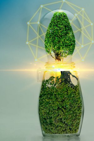 Téléchargez les photos : Résumé Ampoules et arbres Concept d'énergie propre, conservation durable de l'environnement pour les générations futures. - en image libre de droit