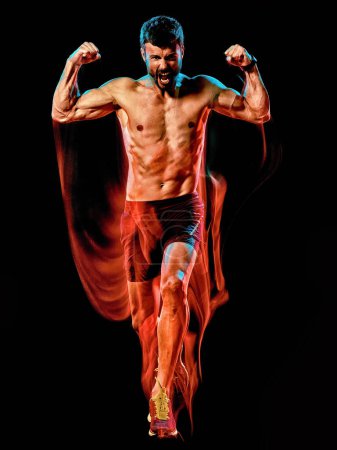 Photo for Topless muscular man runner. running jogger jogging isolated black background - Royalty Free Image