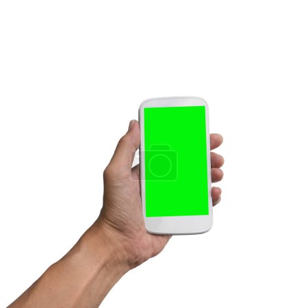 Foto de "Mano sosteniendo el teléfono inteligente con pantalla verde aislada
" - Imagen libre de derechos