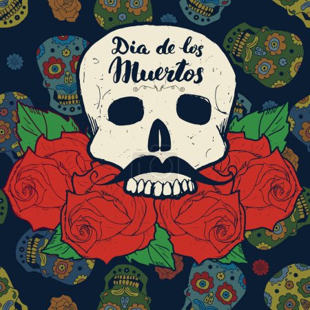Photo for Day of the Dead, lettering quote with handdrawn skull and roses, vintage label, typography design or t-shirt print, vector illustration - Royalty Free Image