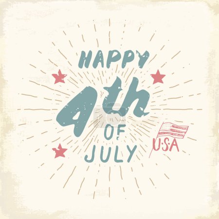 Téléchargez les photos : Joyeuse fête de l'indépendance, le 4 juillet, carte de vœux Vintage USA, célébration des États-Unis d'Amérique. Lettrage à la main, illustration vectorielle texturée rétro grunge de vacances américaines
. - en image libre de droit