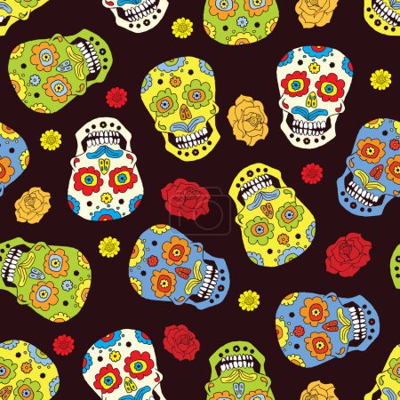 Photo for Day of the Dead seamless pattern, handdrawn sugar skulls and roses background, vector illustration - Royalty Free Image