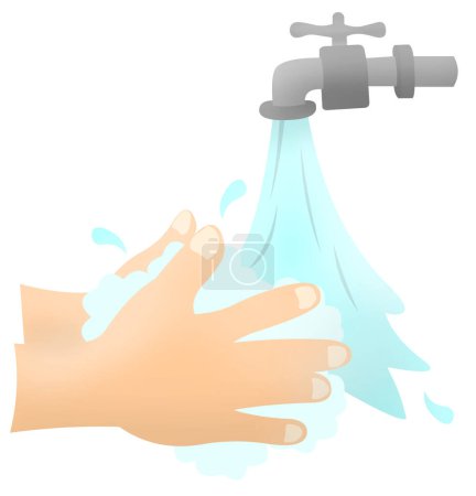 Téléchargez les photos : Lavage des mains dessin animé de haute qualité. Concept de lavage des mains illustration 2d. Un homme ou une femme se lave les mains sous le robinet avec du savon et de l'eau. protection contre le virus corona soins de santé en plan plat. - en image libre de droit