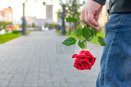 Photo for "red rose Bud in the hand of a man waiting for a girl" - Royalty Free Image