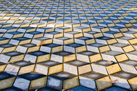 Photo for Geometry cubes optical illusion floor in the park. Geometry figure background. - Royalty Free Image