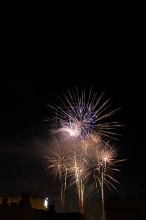Foto de Fuegos artificiales en Elche para el festival. cielo nocturno con explosión - Imagen libre de derechos