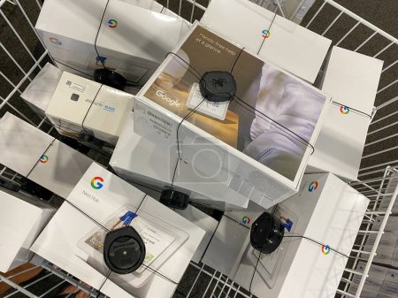 Photo for A bin of Google Nest Hub Home devices display at Best Buy - Royalty Free Image