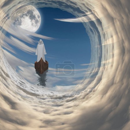 Foto de Figura en bata blanca flotando a luna llena en las nubes - Imagen libre de derechos