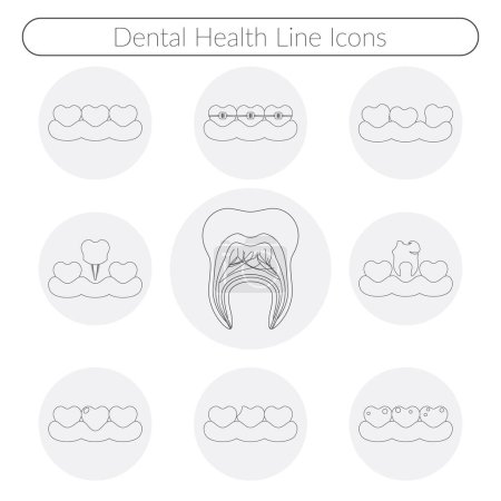 Téléchargez les photos : "Dental care vector line icons of heathy theeth, caries, braces system, implantation, and other dental health icons set" - en image libre de droit