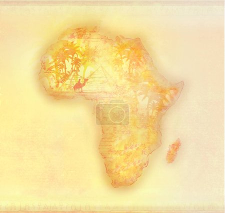 Foto de Grunge brown Mapa de África, pirámides, camellos y palmeras - Imagen libre de derechos
