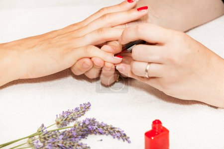 Téléchargez les photos : "Application de vernis à ongles sur les mains d'une femme" - en image libre de droit
