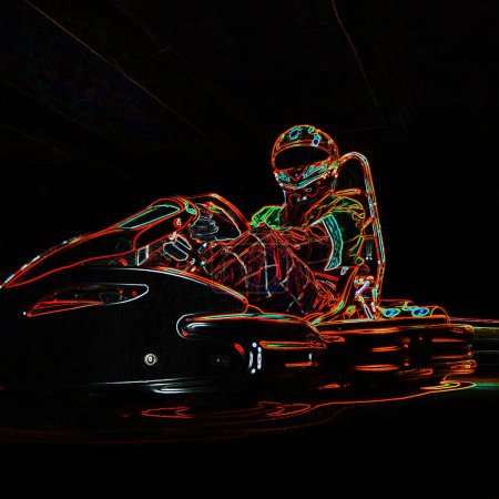 Photo for "Kart racing neon light picture. Man in karting vehicle on track." - Royalty Free Image