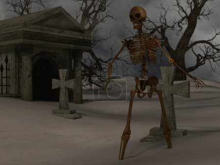 Photo for Walking skeleton in the spooky night near a crypt - Royalty Free Image