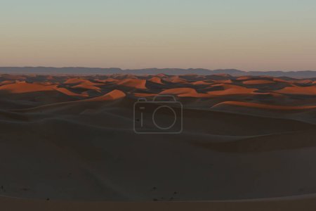Téléchargez les photos : D'énormes dunes désertiques d'Erg Chigaga, aux portes du Sahara, al amanecer. Maroc. Concept de voyage et d'aventure. - en image libre de droit