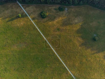 Téléchargez les photos : Vue aérienne du haut vers le bas vers le long chemin entre les champs au matin ensoleillé - en image libre de droit