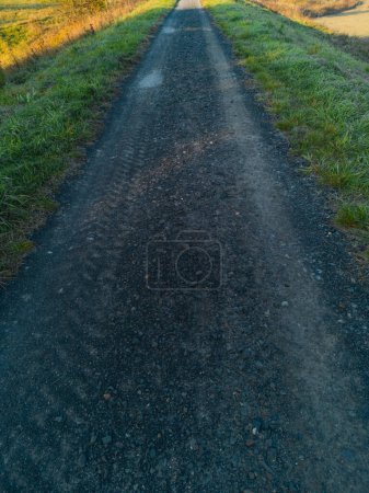 Foto de Largo camino lleno de pequeñas piedras entre campos verdes y amarillos y arbustos - Imagen libre de derechos