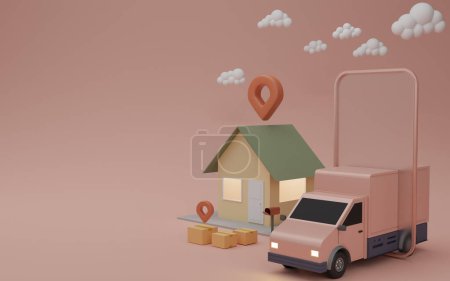 Photo for Online delivery service app concept, Delivery van and mobile phone - Royalty Free Image
