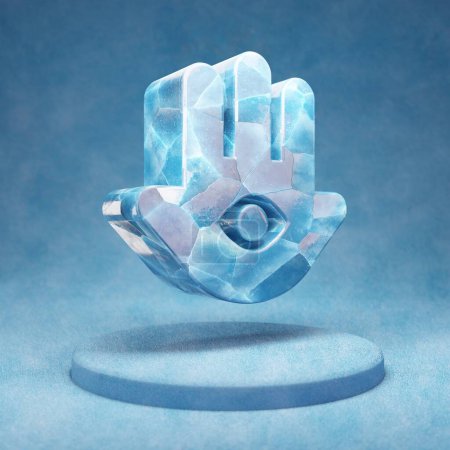 Photo for Hamsa icon. Cracked blue Ice Hamsa symbol on blue snow podium. - Royalty Free Image