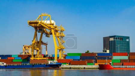 Photo for Logistics and transportation of Container Cargo ship and Cargo plane with working crane bridge in shipyard at sunrise, logistic import export and transport industry background - Royalty Free Image