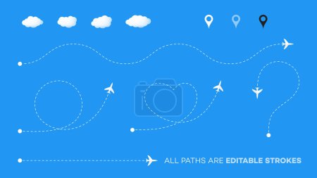 Photo for Dotted Paths With Planes, Pointers And Clouds. Shapes With Editable Strokes. Heart, Question, Direct And Rounded Signs - Royalty Free Image
