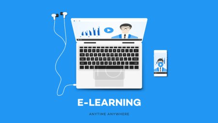 Photo for E-learning Vector Illustration With Smartphone, Notebook, And Teacher On The Screen. Conceptual Multiplatform Educational Template - Royalty Free Image