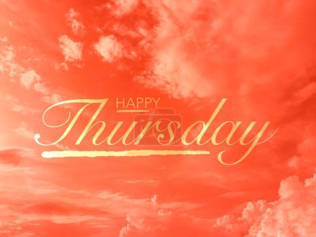 Photo for Happy Thursday word on orange sky and clouds background - Royalty Free Image