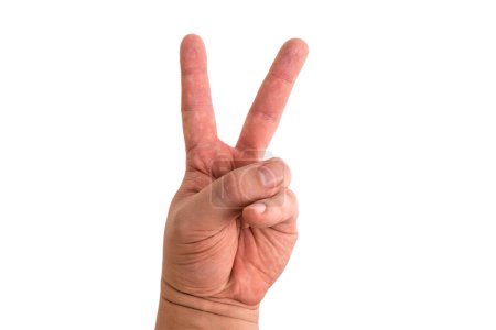 Téléchargez les photos : Geste de la main signifiant la victoire ou la lettre V, ainsi que la communication entre les gens sur un fond blanc - en image libre de droit