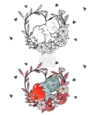 Foto de "Adorable cat and heart inside heart vine cartoon coloring page" - Imagen libre de derechos